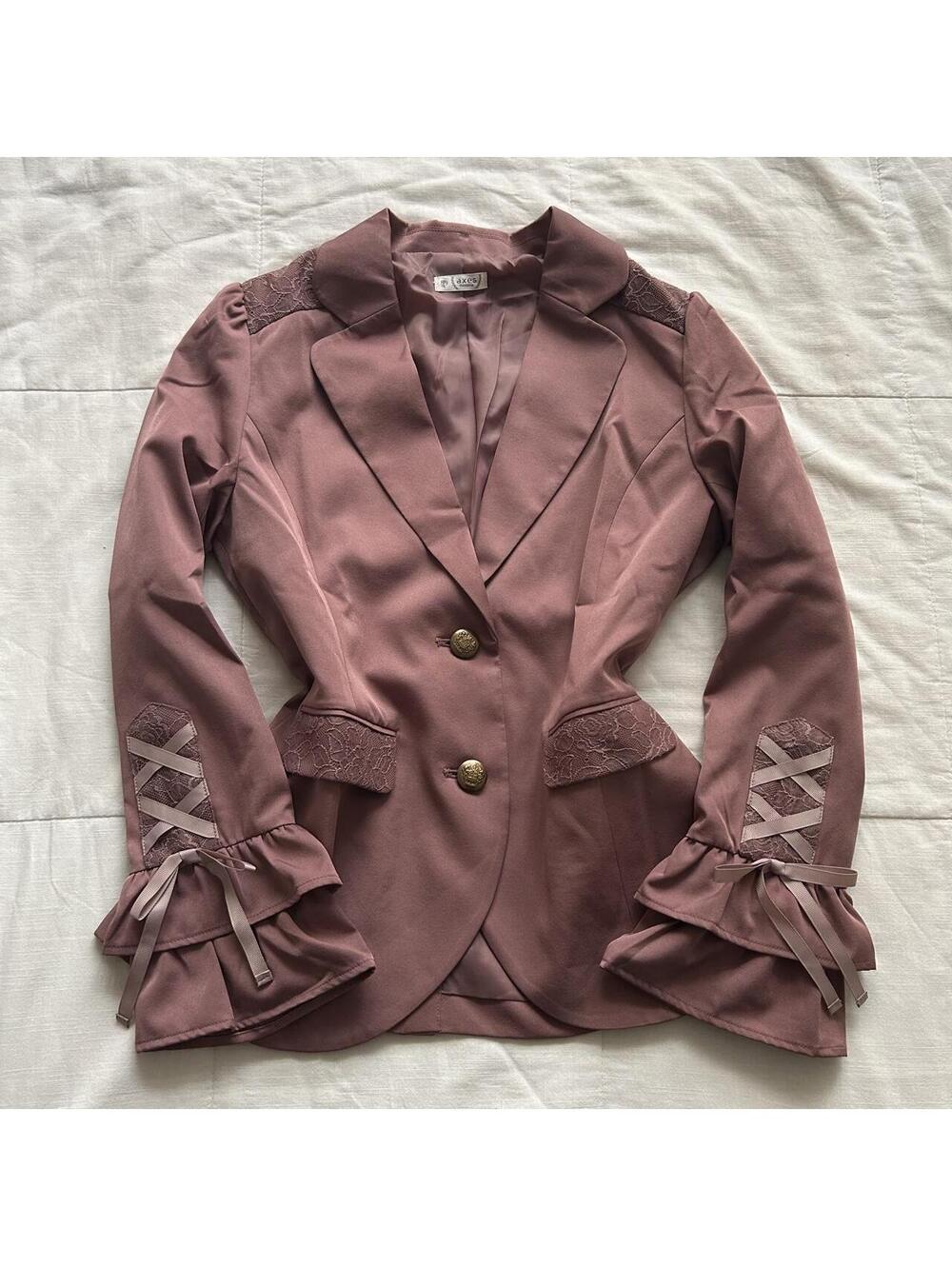 Axes Femme Mauve Pink Lace Ribbon Ruffle Blazer Medium Japan